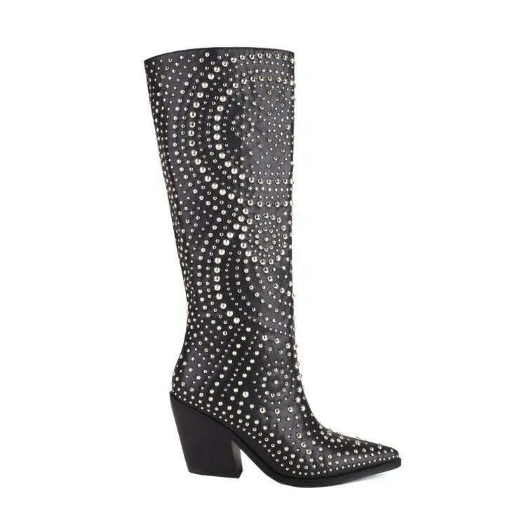 KIMLUD, 2022 Metal Rivet Fashion Leather Women's Boots Black White Butterflies Knee High Chelsea Boots 6-8.5cm High Heels Denim Boots, KIMLUD Womens Clothes