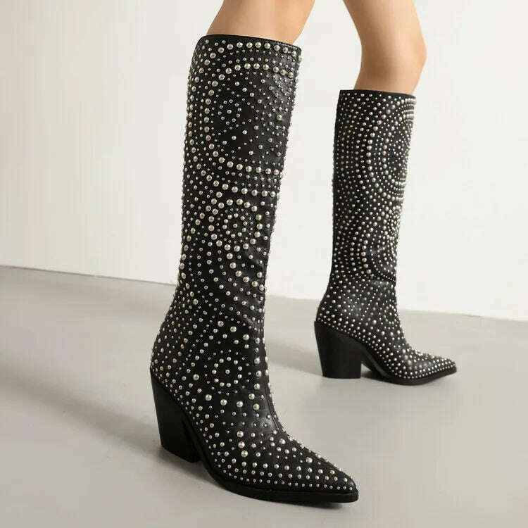 KIMLUD, 2022 Metal Rivet Fashion Leather Women's Boots Black White Butterflies Knee High Chelsea Boots 6-8.5cm High Heels Denim Boots, KIMLUD Womens Clothes