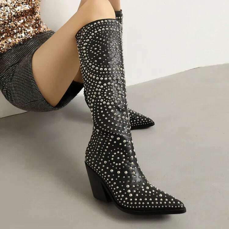 KIMLUD, 2022 Metal Rivet Fashion Leather Women's Boots Black White Butterflies Knee High Chelsea Boots 6-8.5cm High Heels Denim Boots, KIMLUD Womens Clothes