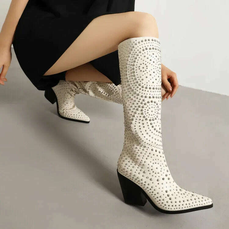 KIMLUD, 2022 Metal Rivet Fashion Leather Women's Boots Black White Butterflies Knee High Chelsea Boots 6-8.5cm High Heels Denim Boots, KIMLUD Womens Clothes