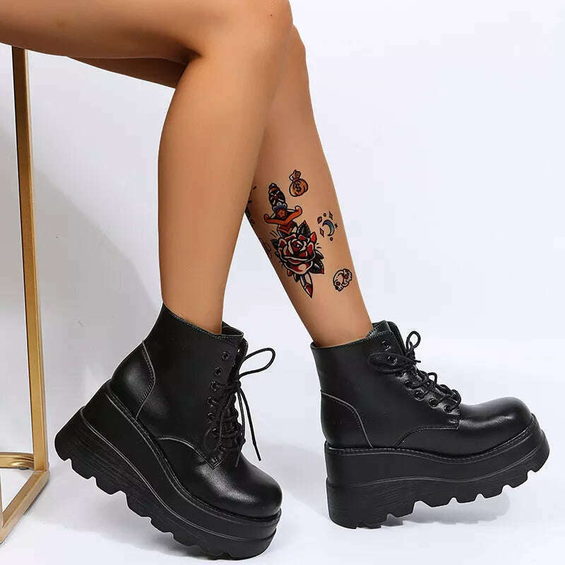 KIMLUD, 2022 New Gothic Punk Street Women Ankle Boots Platform Wedges High Heels Short Boots New Fashion Design Rivet Cosplay Shoes, KIMLUD Womens Clothes