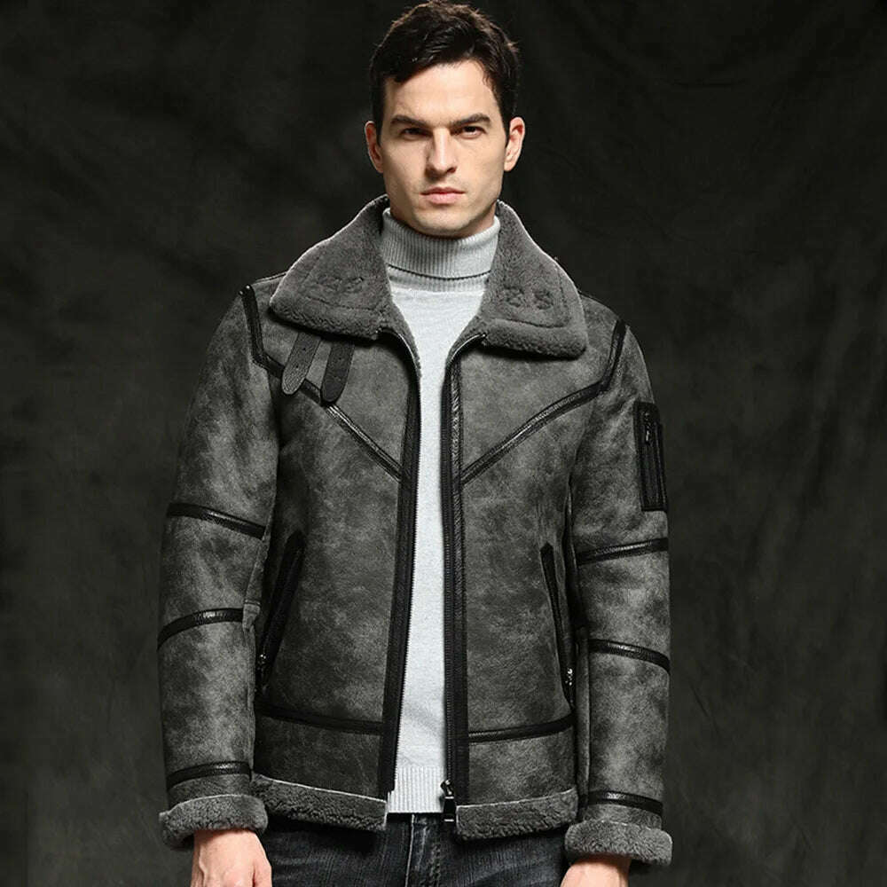 KIMLUD, 2022 New Limestone Gray Fur Coats Men Causal Formal Winter Warm Natural Sheepskin Shearling Outerwear Genuine Leather Coat, Dark Grey / M, KIMLUD Womens Clothes