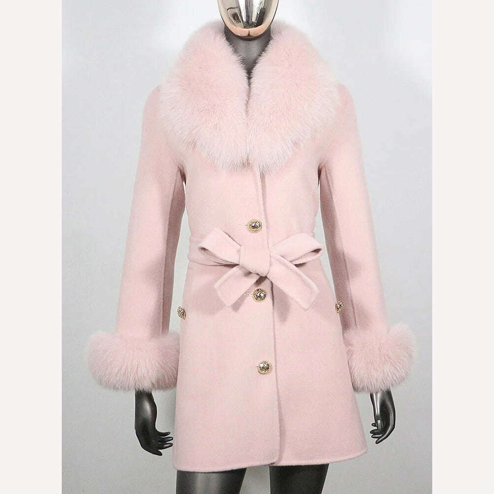 KIMLUD, 2022 New Real Fur Coat Winter Jacket Women Natural Fox Fur Collar Cuffs Belt Cashmere Wool Woolen Ladies Outerwear Streetwear, pink / S, KIMLUD Womens Clothes
