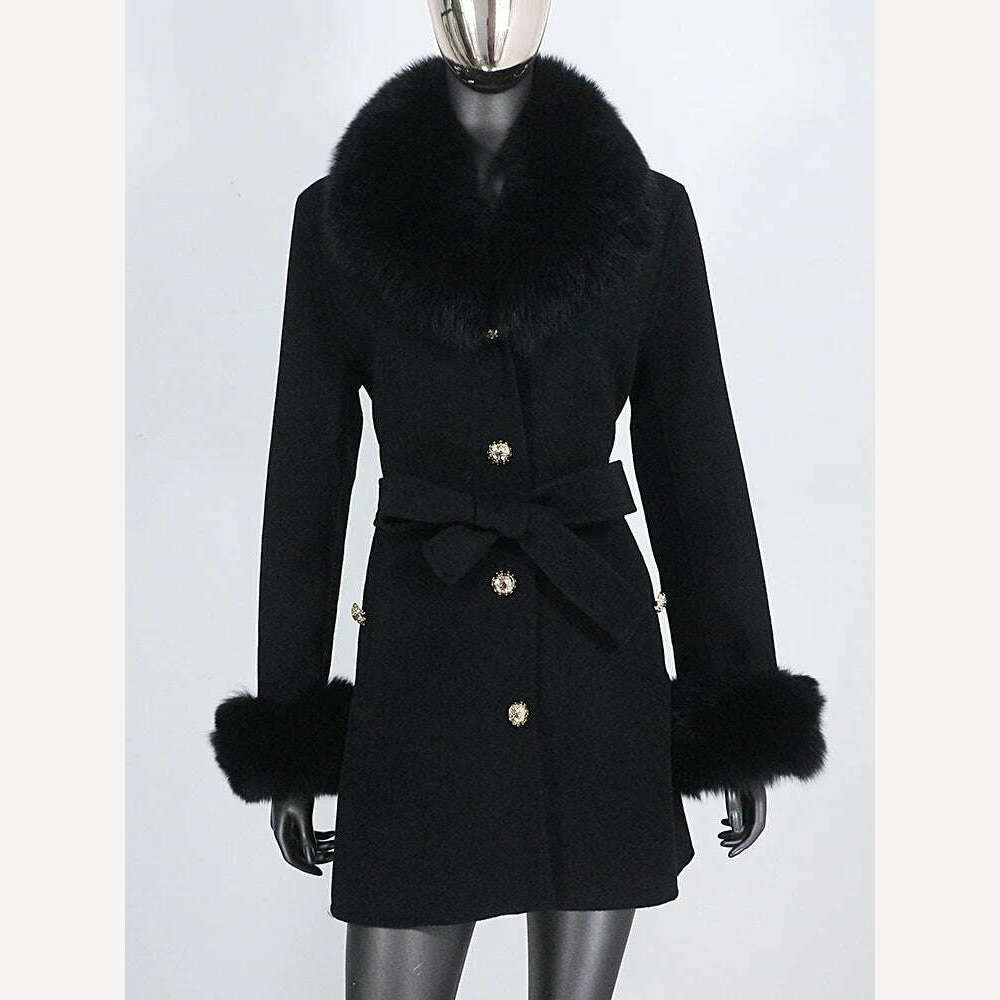 KIMLUD, 2022 New Real Fur Coat Winter Jacket Women Natural Fox Fur Collar Cuffs Belt Cashmere Wool Woolen Ladies Outerwear Streetwear, black / S, KIMLUD Womens Clothes