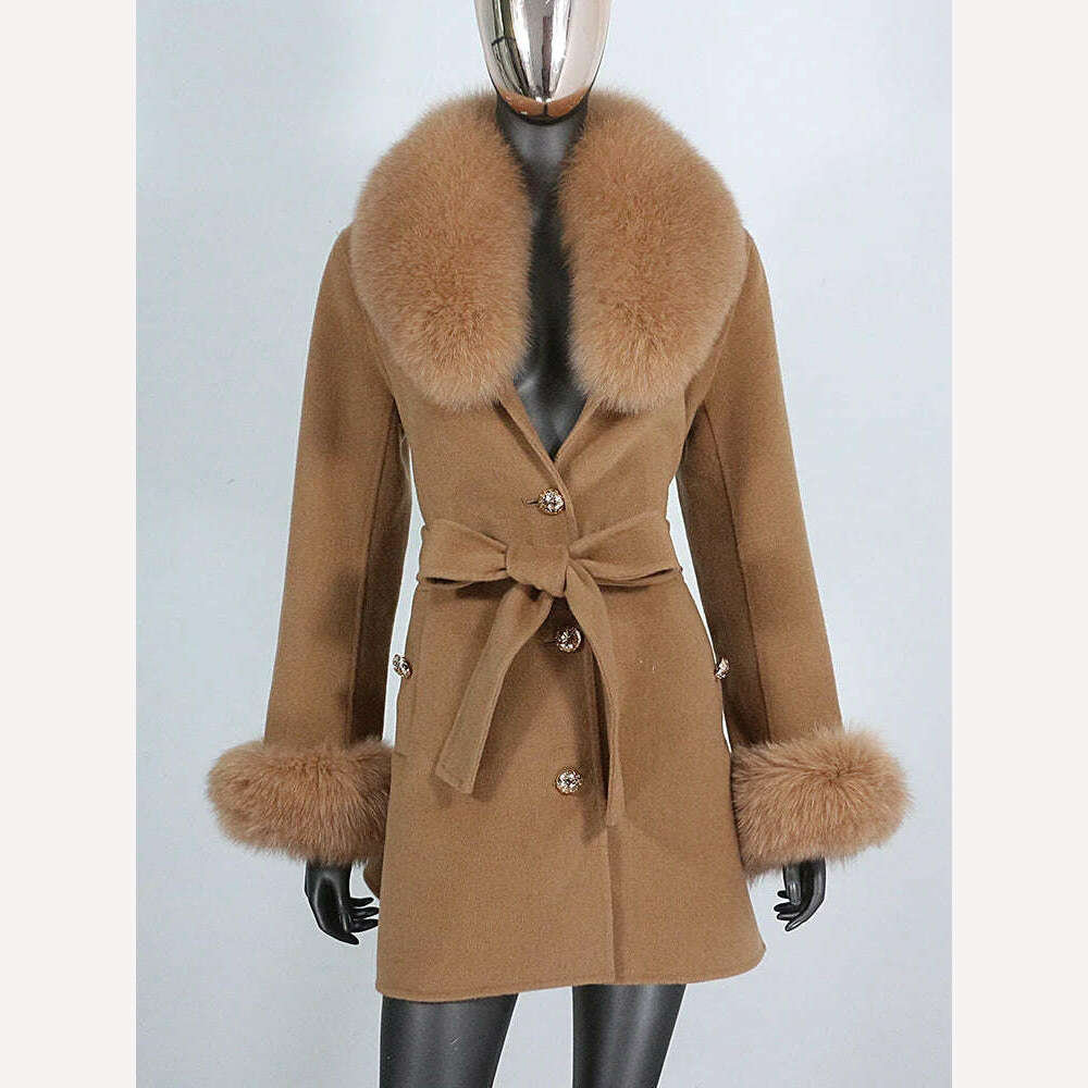KIMLUD, 2022 New Real Fur Coat Winter Jacket Women Natural Fox Fur Collar Cuffs Belt Cashmere Wool Woolen Ladies Outerwear Streetwear, dark camel / S, KIMLUD Womens Clothes