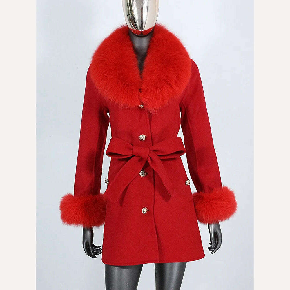KIMLUD, 2022 New Real Fur Coat Winter Jacket Women Natural Fox Fur Collar Cuffs Belt Cashmere Wool Woolen Ladies Outerwear Streetwear, red / S, KIMLUD Womens Clothes