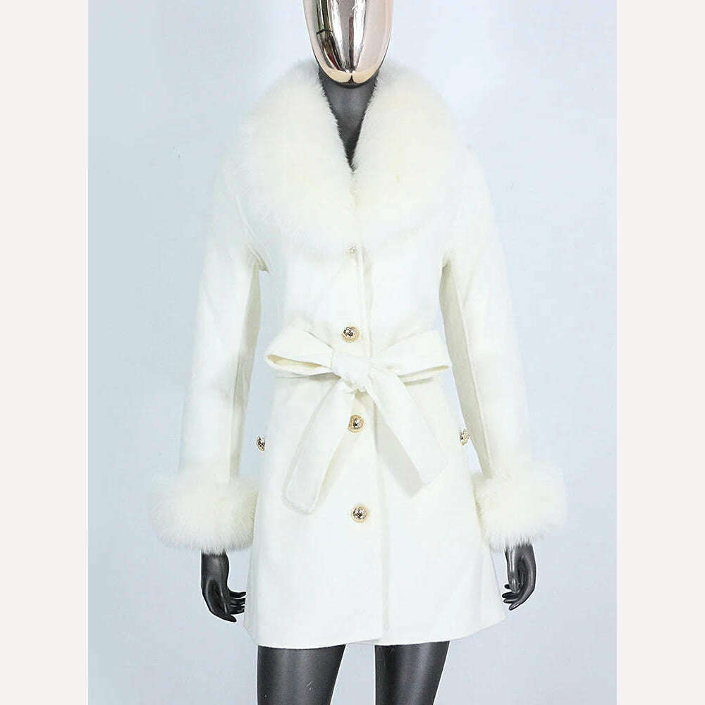KIMLUD, 2022 New Real Fur Coat Winter Jacket Women Natural Fox Fur Collar Cuffs Belt Cashmere Wool Woolen Ladies Outerwear Streetwear, white / S, KIMLUD Womens Clothes