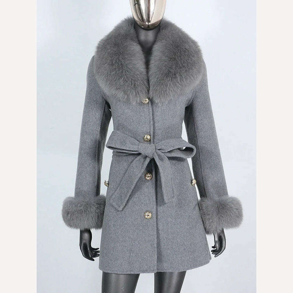 KIMLUD, 2022 New Real Fur Coat Winter Jacket Women Natural Fox Fur Collar Cuffs Belt Cashmere Wool Woolen Ladies Outerwear Streetwear, Gray / S, KIMLUD Womens Clothes
