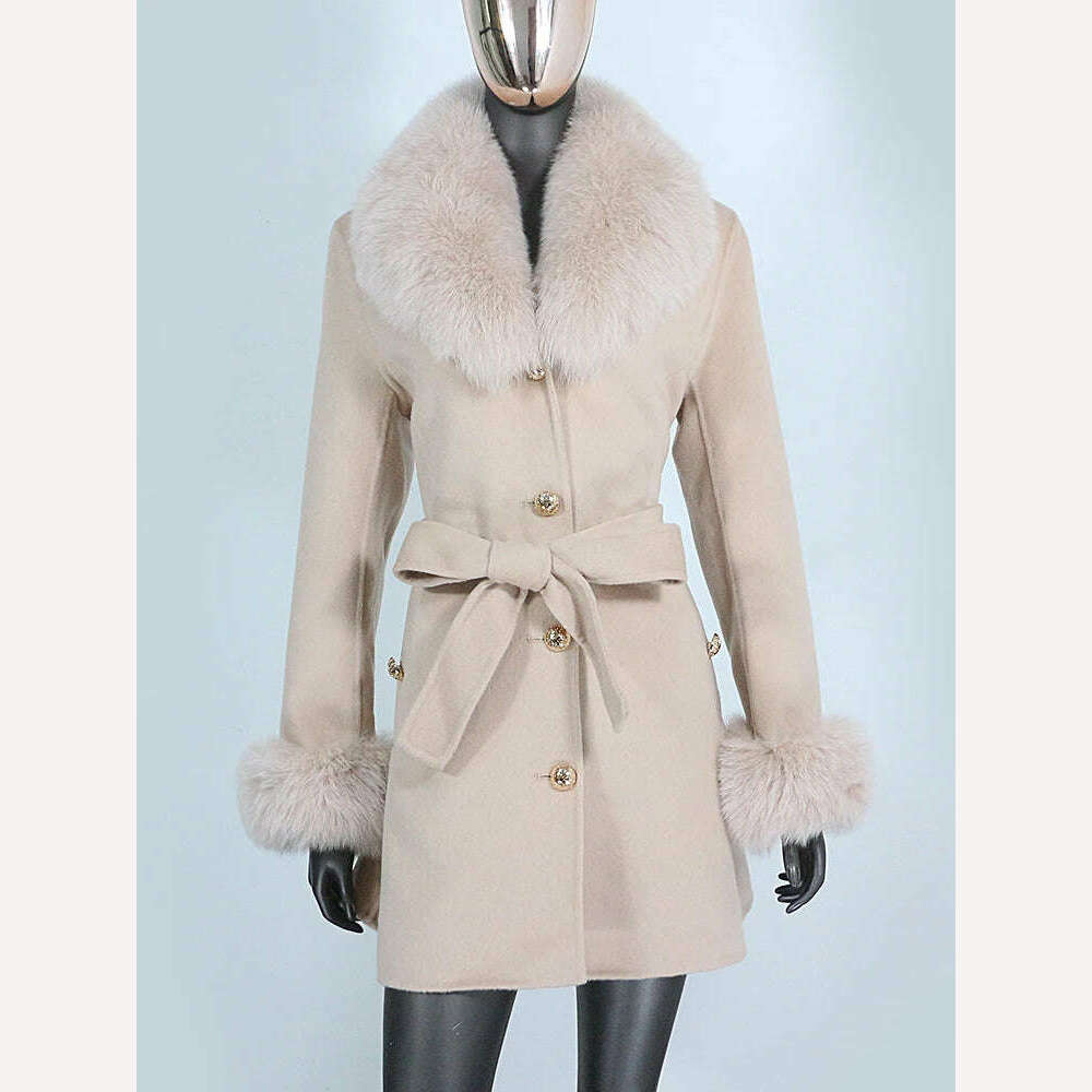 KIMLUD, 2022 New Real Fur Coat Winter Jacket Women Natural Fox Fur Collar Cuffs Belt Cashmere Wool Woolen Ladies Outerwear Streetwear, beige / S, KIMLUD Womens Clothes