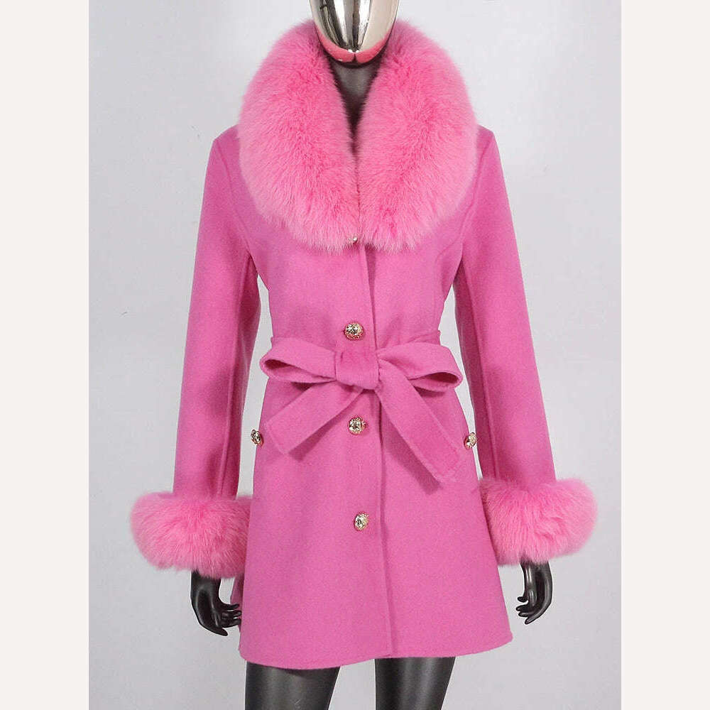 KIMLUD, 2022 New Real Fur Coat Winter Jacket Women Natural Fox Fur Collar Cuffs Belt Cashmere Wool Woolen Ladies Outerwear Streetwear, Fuchsia / S, KIMLUD Womens Clothes