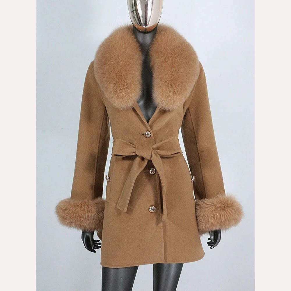 KIMLUD, 2022 New Real Fur Coat Winter Jacket Women Natural Fox Fur Collar Cuffs Belt Cashmere Wool Woolen Ladies Outerwear Streetwear, KIMLUD Womens Clothes