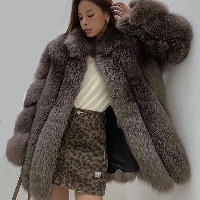 KIMLUD, 2022 New Real fur coat Women Fashionable Winter Stripe Cutting Featured Chic Fox Fur Fluffy Thicken Luxury Overcoat Female Soft, KIMLUD Womens Clothes