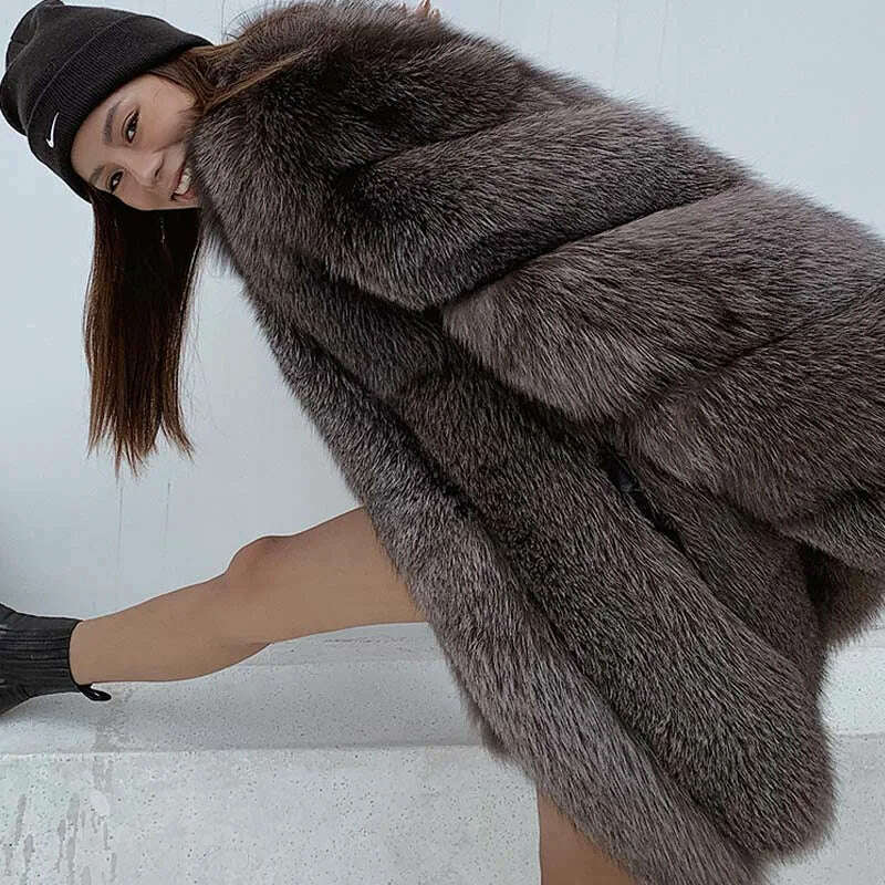 KIMLUD, 2022 New Real fur coat Women Fashionable Winter Stripe Cutting Featured Chic Fox Fur Fluffy Thicken Luxury Overcoat Female Soft, KIMLUD Womens Clothes
