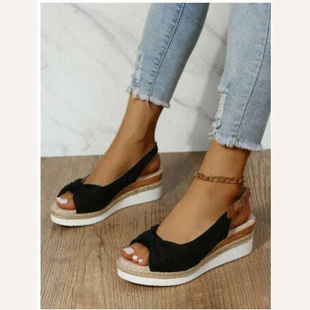 KIMLUD, 2022 New Sandals Large 35-42 Sandals Hemp Rope Bow Wedge Heel Casual Sandals Women's Sandals Roman Style Women's Sandals, black / 35, KIMLUD Womens Clothes