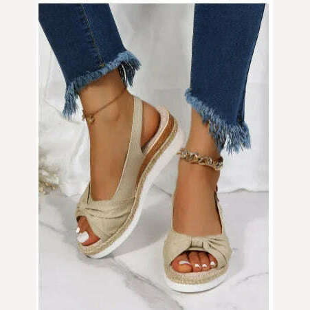 KIMLUD, 2022 New Sandals Large 35-42 Sandals Hemp Rope Bow Wedge Heel Casual Sandals Women's Sandals Roman Style Women's Sandals, Beige / 35, KIMLUD Womens Clothes