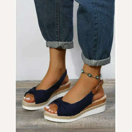 KIMLUD, 2022 New Sandals Large 35-42 Sandals Hemp Rope Bow Wedge Heel Casual Sandals Women's Sandals Roman Style Women's Sandals, blue / 35, KIMLUD Womens Clothes