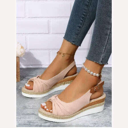 KIMLUD, 2022 New Sandals Large 35-42 Sandals Hemp Rope Bow Wedge Heel Casual Sandals Women's Sandals Roman Style Women's Sandals, Pink / 35, KIMLUD Womens Clothes