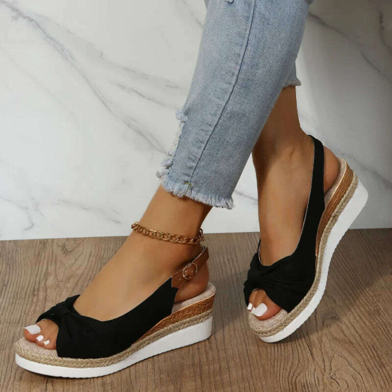 KIMLUD, 2022 New Sandals Large 35-42 Sandals Hemp Rope Bow Wedge Heel Casual Sandals Women's Sandals Roman Style Women's Sandals, KIMLUD Womens Clothes