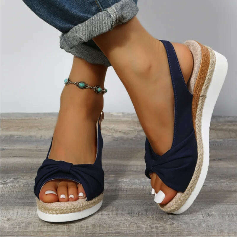 KIMLUD, 2022 New Sandals Large 35-42 Sandals Hemp Rope Bow Wedge Heel Casual Sandals Women's Sandals Roman Style Women's Sandals, KIMLUD Womens Clothes