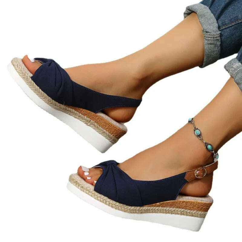 KIMLUD, 2022 New Sandals Large 35-42 Sandals Hemp Rope Bow Wedge Heel Casual Sandals Women's Sandals Roman Style Women's Sandals, KIMLUD Womens Clothes