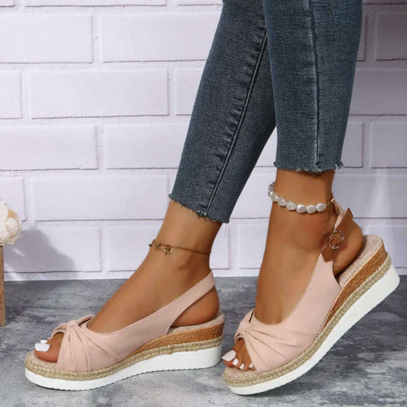 KIMLUD, 2022 New Sandals Large 35-42 Sandals Hemp Rope Bow Wedge Heel Casual Sandals Women's Sandals Roman Style Women's Sandals, KIMLUD Womens Clothes
