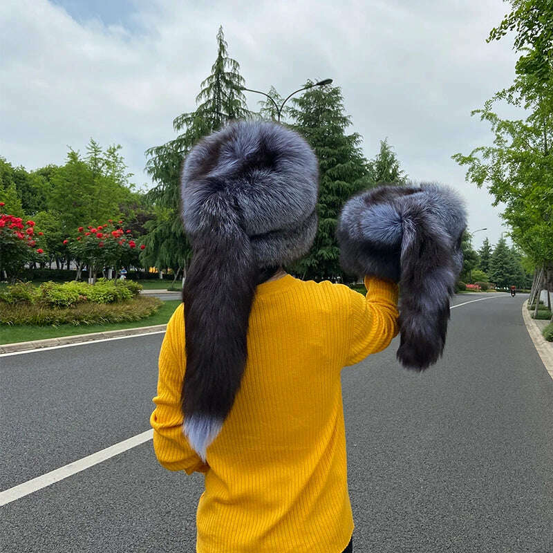 KIMLUD, 2022 New Style Winter 100% Real Fox Fur Hat Women Trapper Snow Skiing Hat Caps Earflap Luxury Silver Fox Fur, KIMLUD Womens Clothes