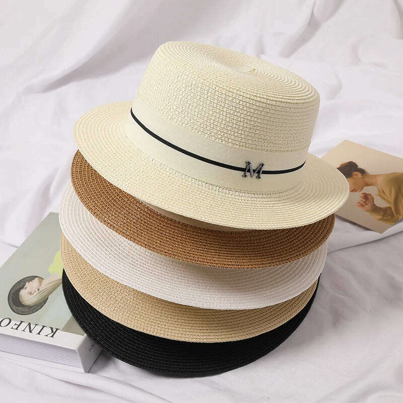 KIMLUD, 2022 New Summer Women's Boater Beach Hat Wide brim Female Panama Hat Lady Classic Flat Bowknot Straw Sun Hat Women Fedora Hats, KIMLUD Womens Clothes