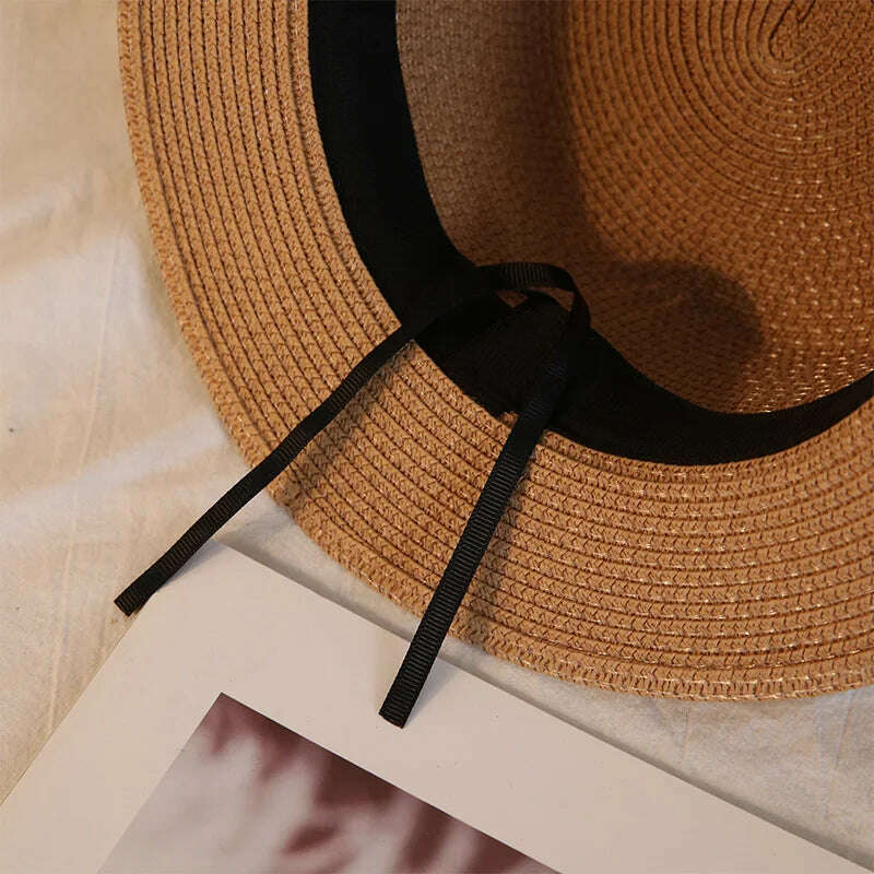 KIMLUD, 2022 New Summer Women's Boater Beach Hat Wide brim Female Panama Hat Lady Classic Flat Bowknot Straw Sun Hat Women Fedora Hats, KIMLUD Womens Clothes