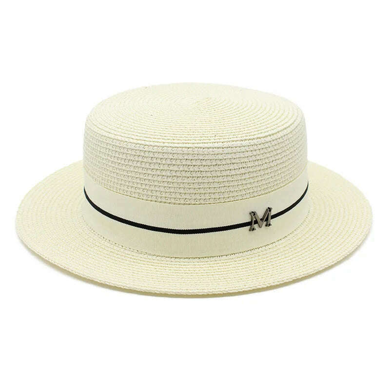 KIMLUD, 2022 New Summer Women's Boater Beach Hat Wide brim Female Panama Hat Lady Classic Flat Bowknot Straw Sun Hat Women Fedora Hats, Milky white, KIMLUD Womens Clothes