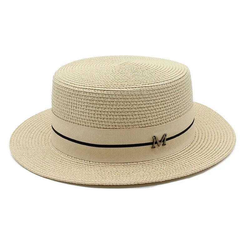 KIMLUD, 2022 New Summer Women's Boater Beach Hat Wide brim Female Panama Hat Lady Classic Flat Bowknot Straw Sun Hat Women Fedora Hats, Beige, KIMLUD Womens Clothes