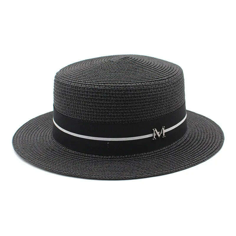 KIMLUD, 2022 New Summer Women's Boater Beach Hat Wide brim Female Panama Hat Lady Classic Flat Bowknot Straw Sun Hat Women Fedora Hats, Black, KIMLUD Womens Clothes