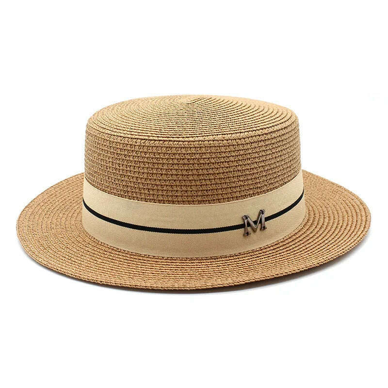 KIMLUD, 2022 New Summer Women's Boater Beach Hat Wide brim Female Panama Hat Lady Classic Flat Bowknot Straw Sun Hat Women Fedora Hats, Khaki, KIMLUD Womens Clothes