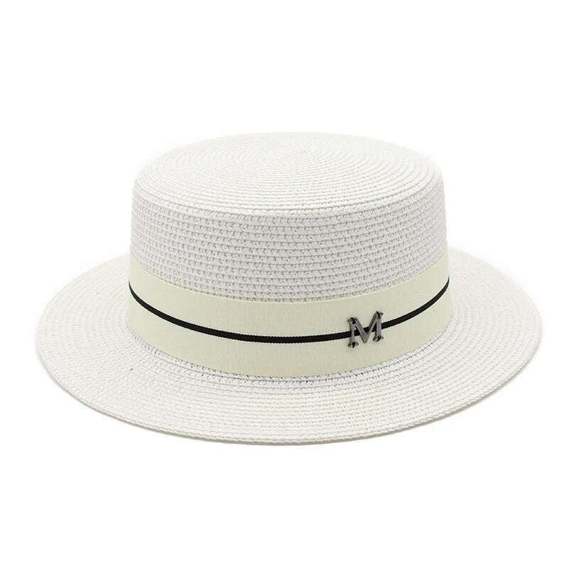 KIMLUD, 2022 New Summer Women's Boater Beach Hat Wide brim Female Panama Hat Lady Classic Flat Bowknot Straw Sun Hat Women Fedora Hats, WHITE, KIMLUD Womens Clothes