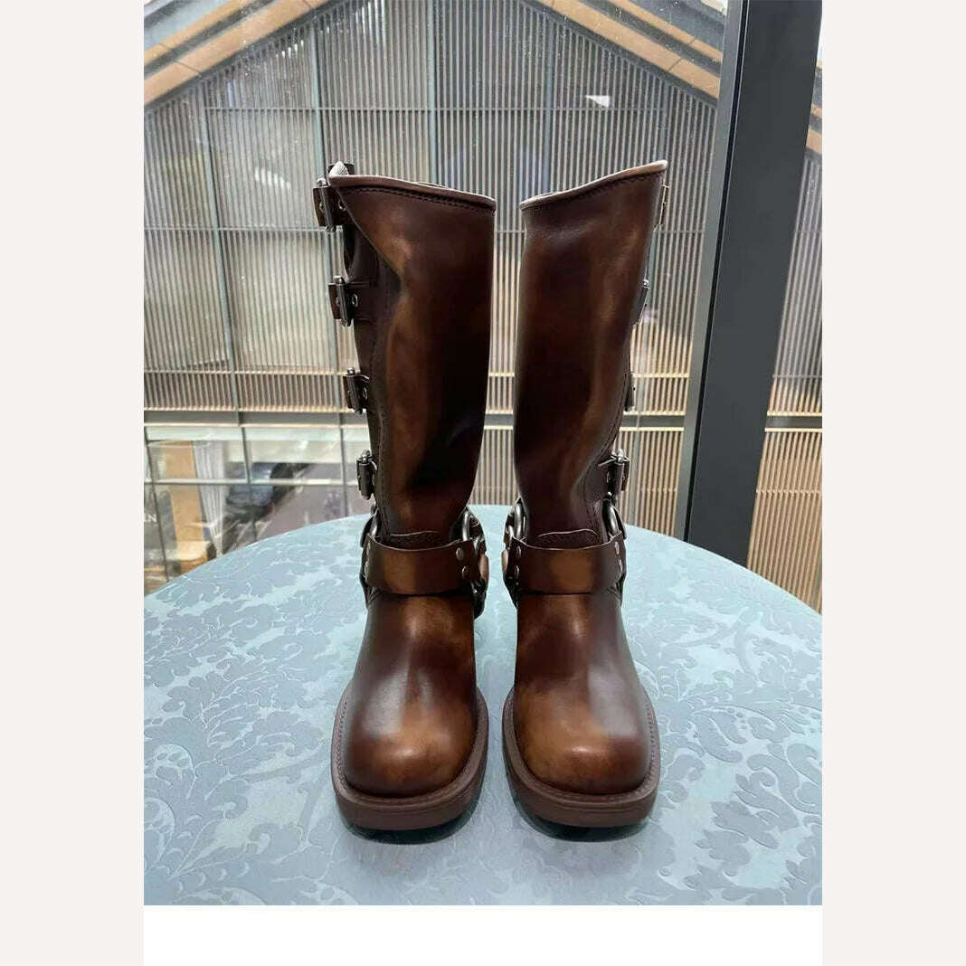 KIMLUD, 2022 New Winter Denim Boots Women's Retro Brown Belt Buckle Round Head High Boots Martin Boots Knee Length Boots, KIMLUD Womens Clothes