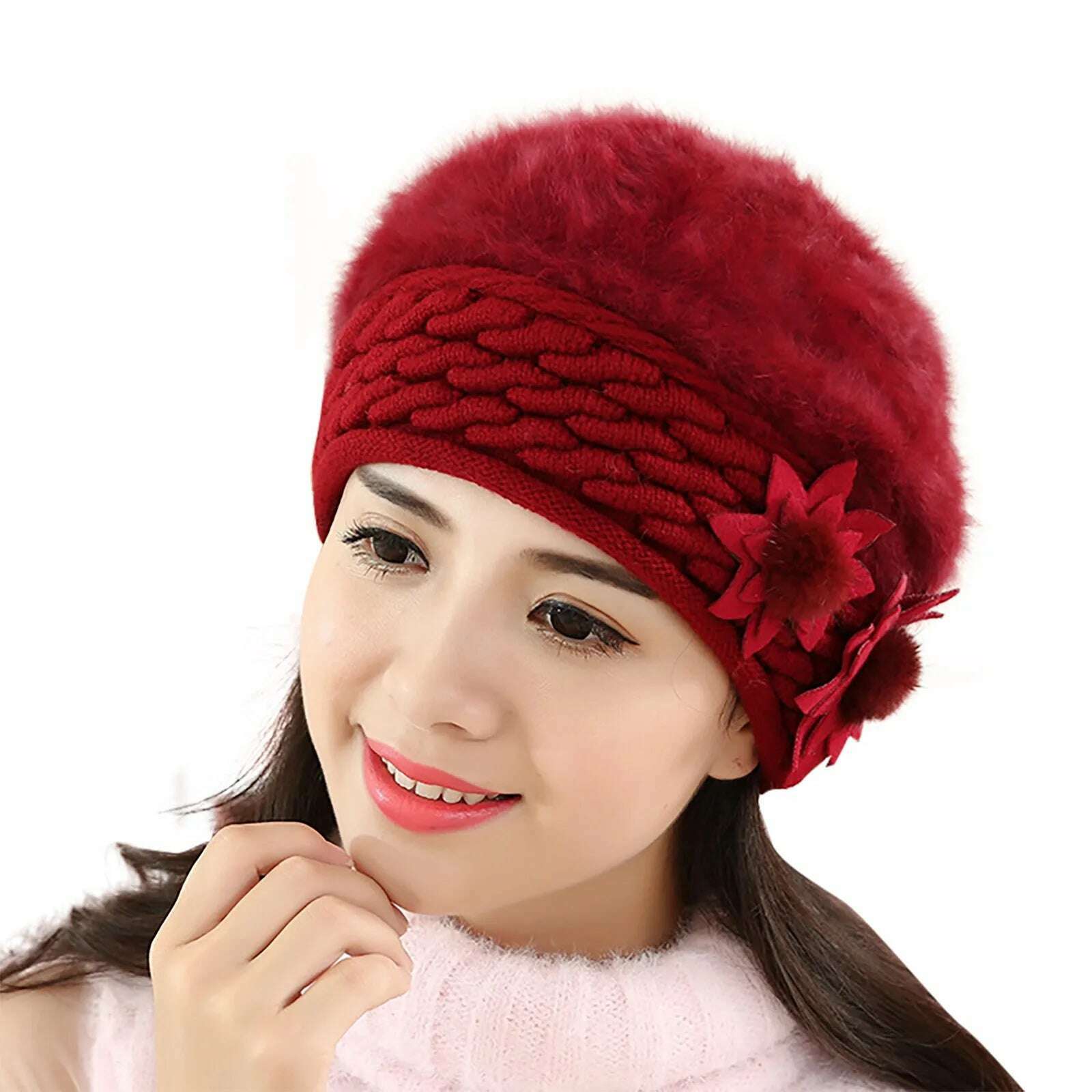 2022 New Women Cotton Cap Slouch Baggy Winter Warm Soft Knit Crochet Female Hat Elegant Ladies Fashion Flower Hats Dropshipping - KIMLUD