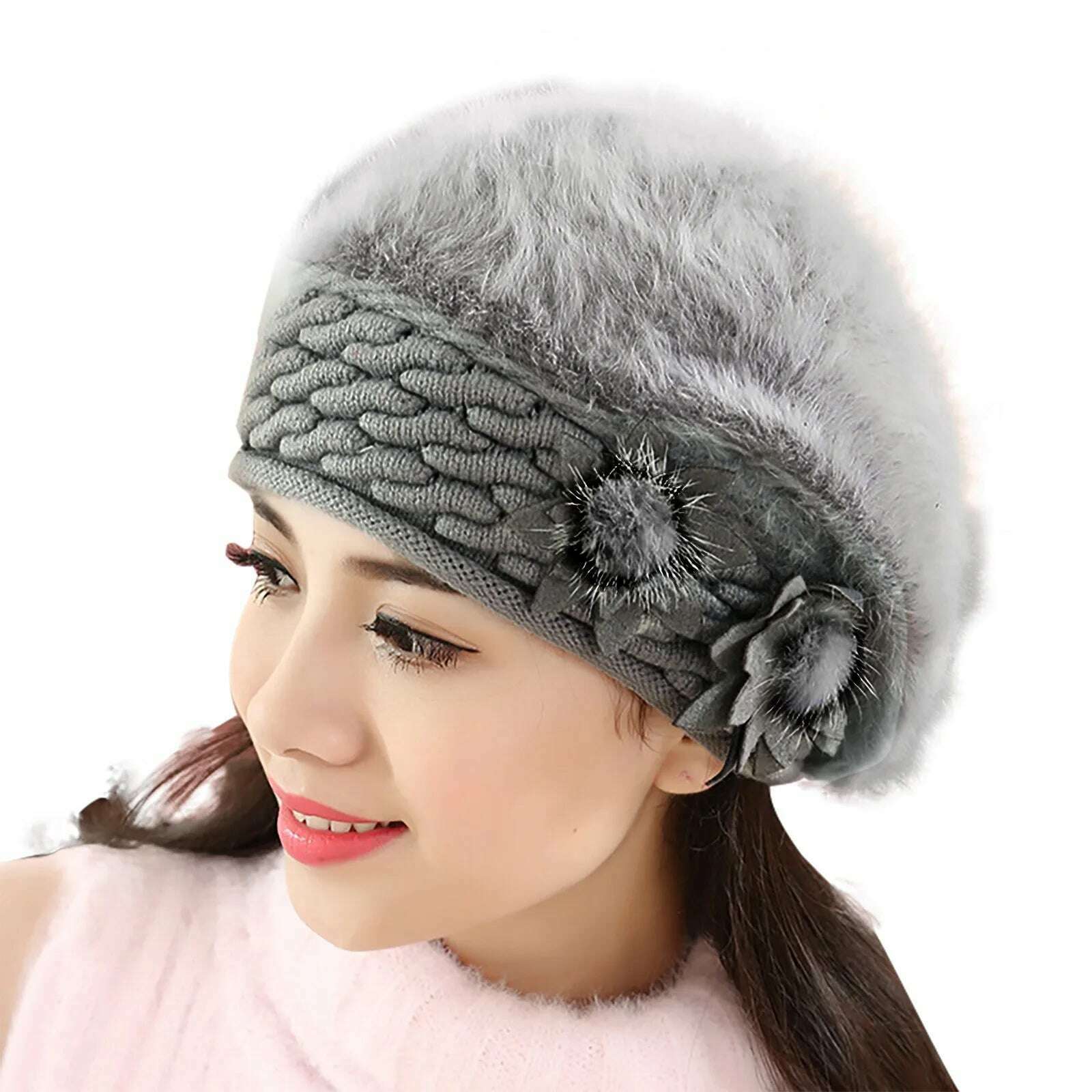 2022 New Women Cotton Cap Slouch Baggy Winter Warm Soft Knit Crochet Female Hat Elegant Ladies Fashion Flower Hats Dropshipping - KIMLUD