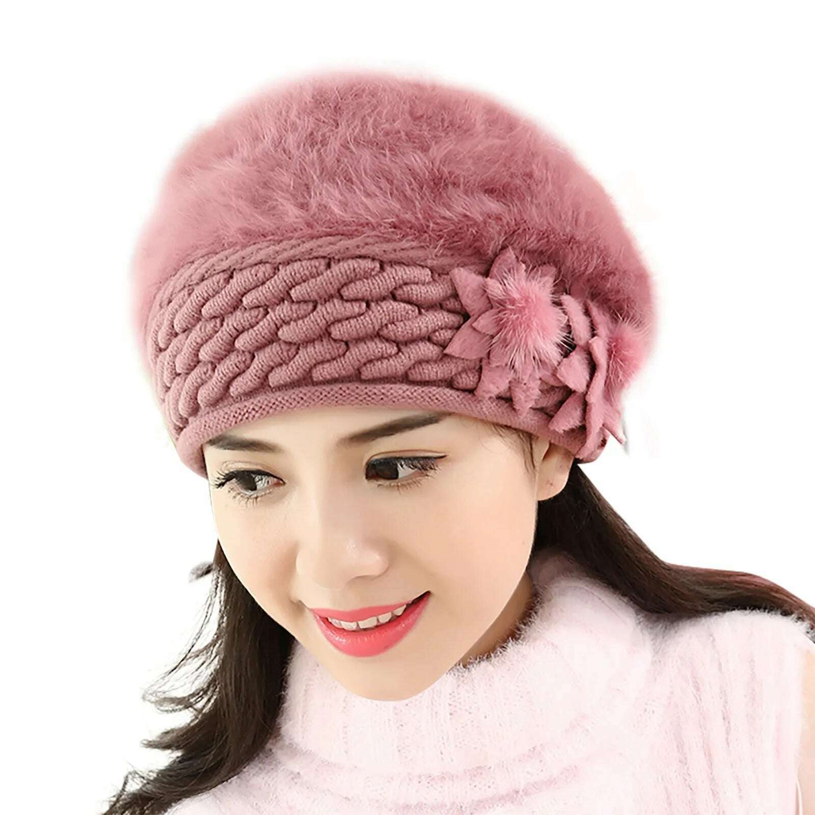 2022 New Women Cotton Cap Slouch Baggy Winter Warm Soft Knit Crochet Female Hat Elegant Ladies Fashion Flower Hats Dropshipping - KIMLUD