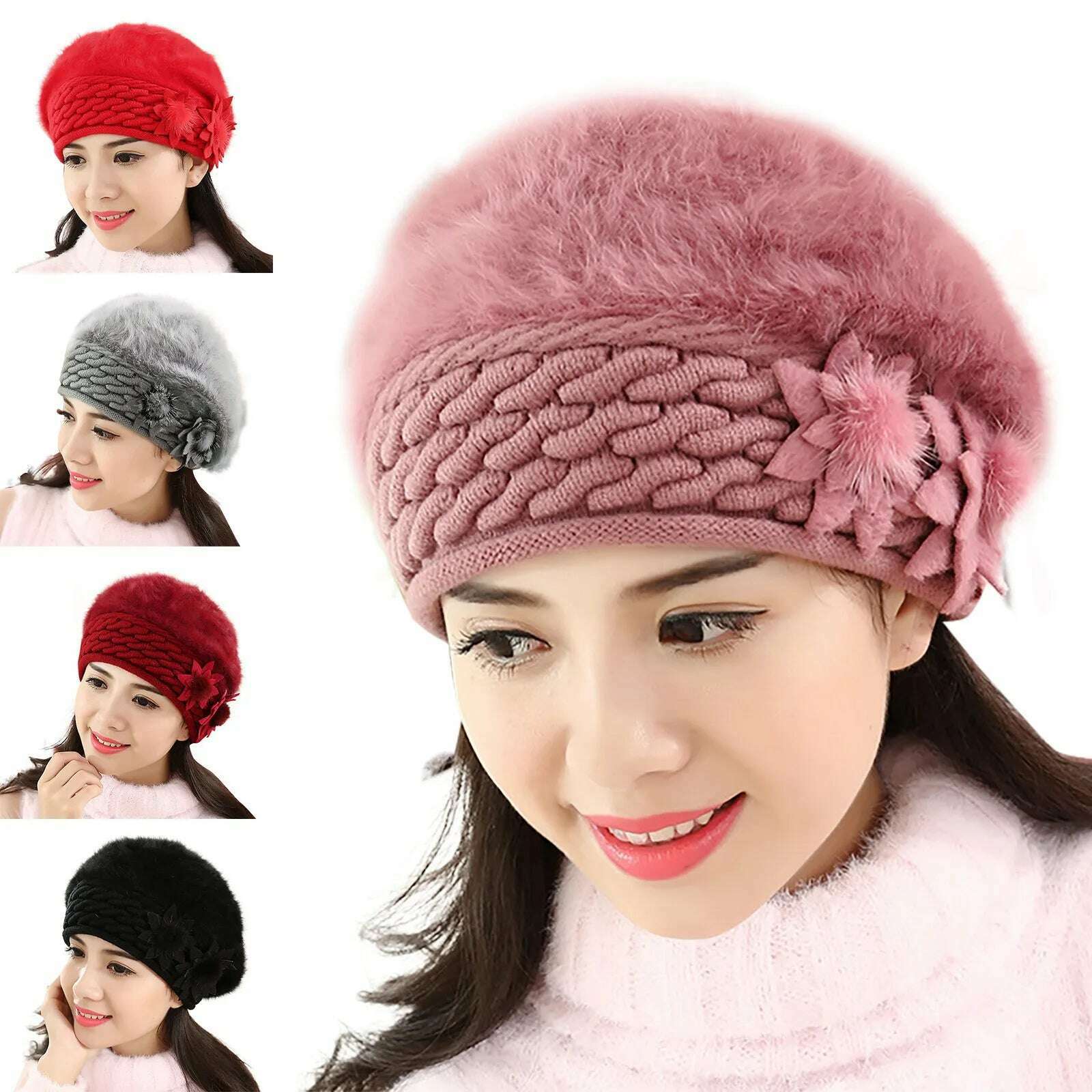 2022 New Women Cotton Cap Slouch Baggy Winter Warm Soft Knit Crochet Female Hat Elegant Ladies Fashion Flower Hats Dropshipping - KIMLUD