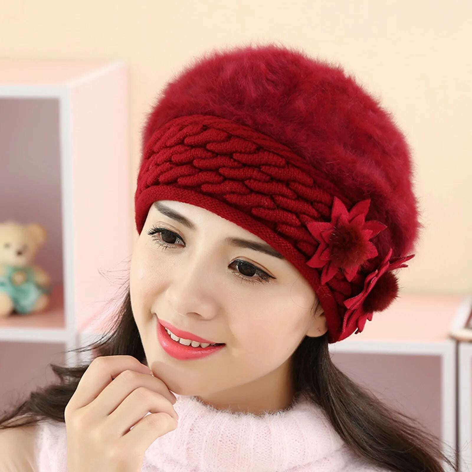 2022 New Women Cotton Cap Slouch Baggy Winter Warm Soft Knit Crochet Female Hat Elegant Ladies Fashion Flower Hats Dropshipping - KIMLUD