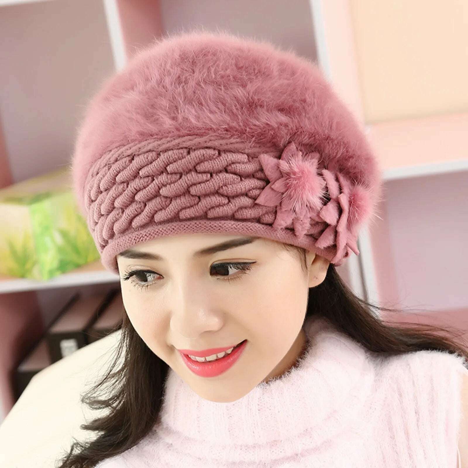 2022 New Women Cotton Cap Slouch Baggy Winter Warm Soft Knit Crochet Female Hat Elegant Ladies Fashion Flower Hats Dropshipping - KIMLUD
