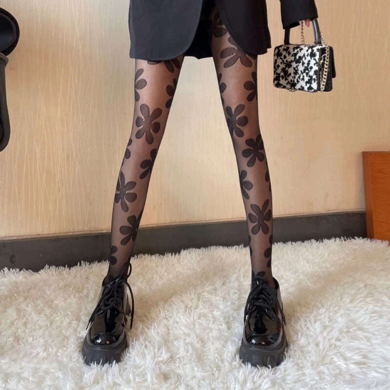 KIMLUD, 2022 New Women Goth Punk Pantyhose Big Flower Patterned Lolita Sheer Tights Stockings, KIMLUD Womens Clothes