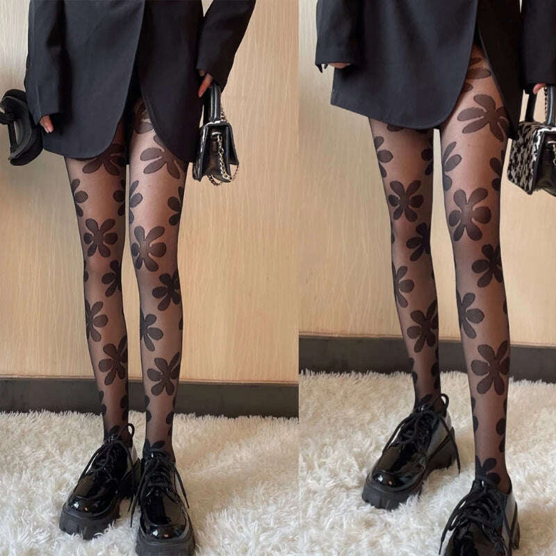 KIMLUD, 2022 New Women Goth Punk Pantyhose Big Flower Patterned Lolita Sheer Tights Stockings, KIMLUD Womens Clothes