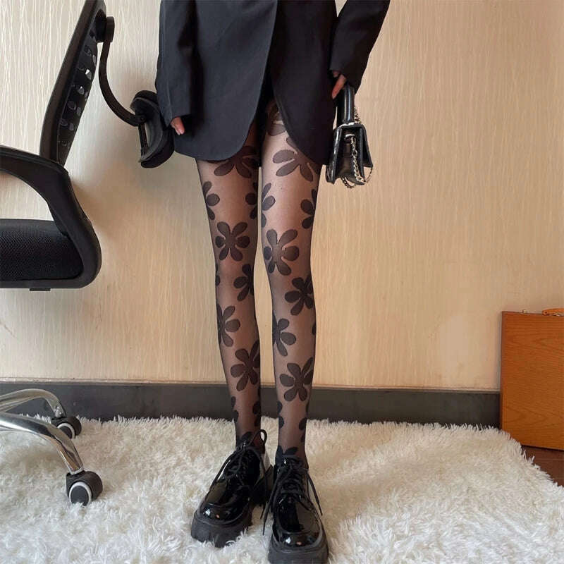 KIMLUD, 2022 New Women Goth Punk Pantyhose Big Flower Patterned Lolita Sheer Tights Stockings, KIMLUD Womens Clothes