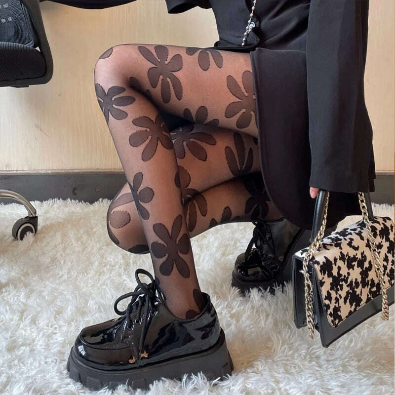 KIMLUD, 2022 New Women Goth Punk Pantyhose Big Flower Patterned Lolita Sheer Tights Stockings, KIMLUD Womens Clothes