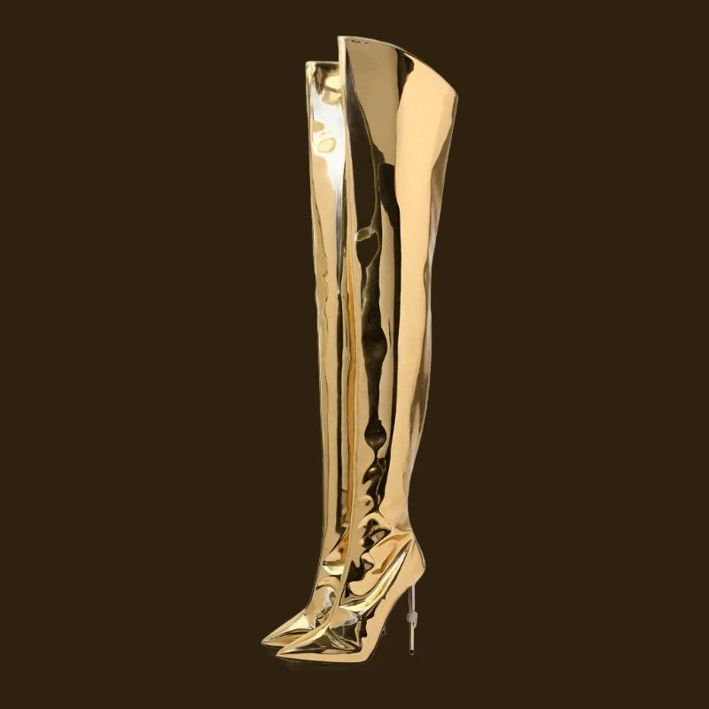 KIMLUD, 2022 New Women Patent Leather Golden Bling Fashion Boots Pointed Toe Stiletto Interior Zipper Over the Knee Boots Thigh Boots, KIMLUD Womens Clothes