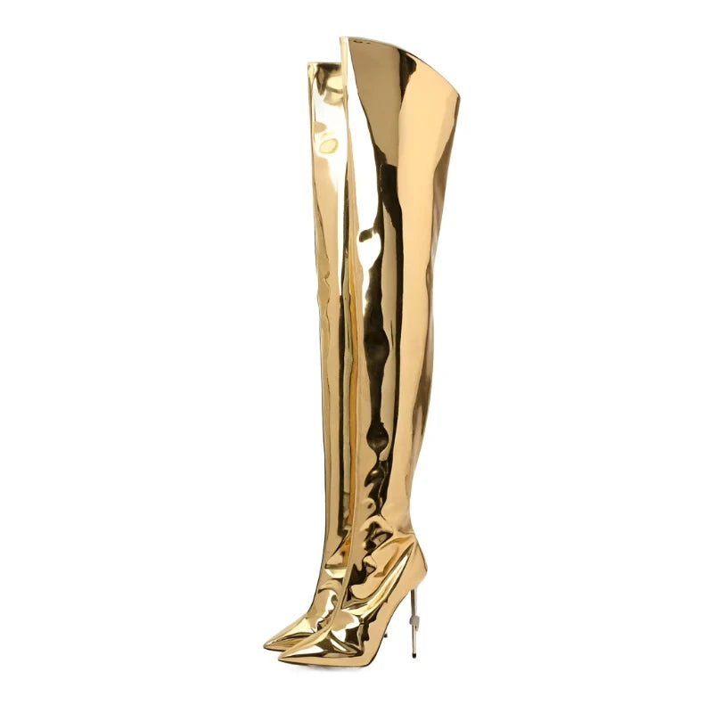 KIMLUD, 2022 New Women Patent Leather Golden Bling Fashion Boots Pointed Toe Stiletto Interior Zipper Over the Knee Boots Thigh Boots, KIMLUD Womens Clothes