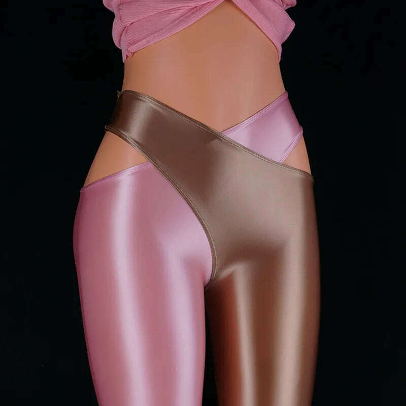 KIMLUD, 2022 Satin Glossy Sexy Leggings Trousers Glitter Stockings Japanese Full-Length Pants High Waist Tights Women Shiny Jeggings, Pink Brown / M, KIMLUD Womens Clothes