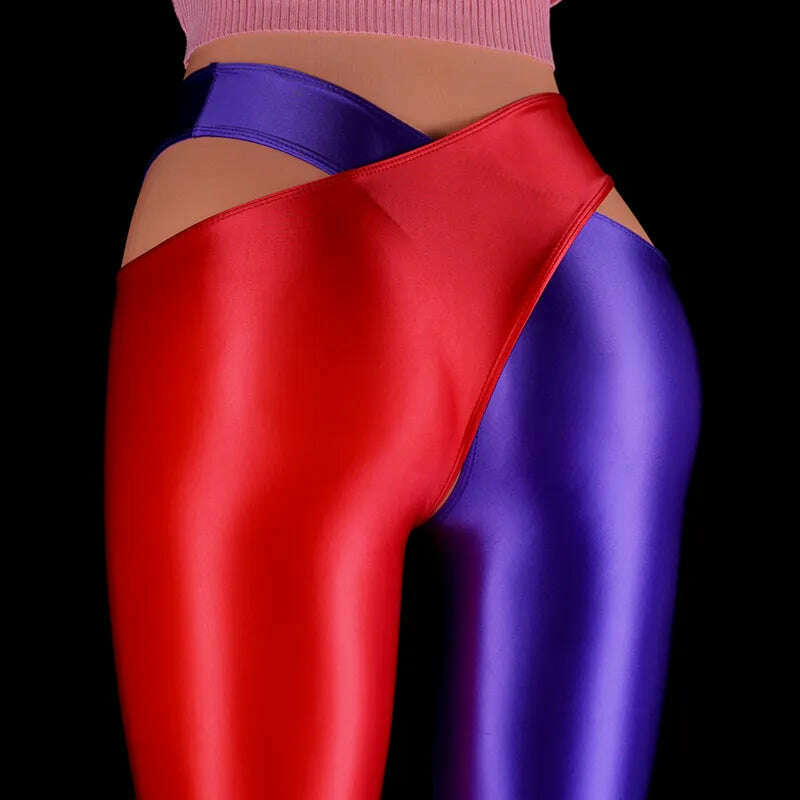 KIMLUD, 2022 Satin Glossy Sexy Leggings Trousers Glitter Stockings Japanese Full-Length Pants High Waist Tights Women Shiny Jeggings, Red Purple / M, KIMLUD Womens Clothes