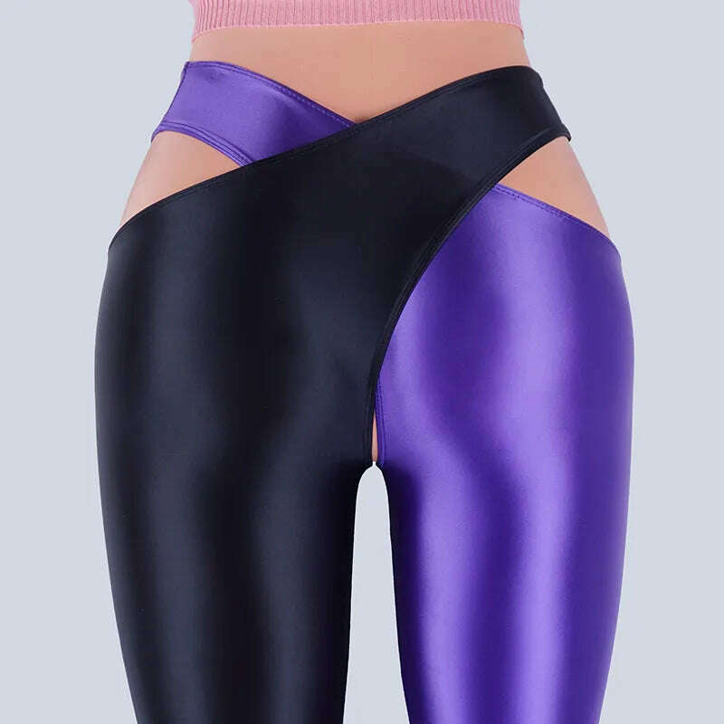 KIMLUD, 2022 Satin Glossy Sexy Leggings Trousers Glitter Stockings Japanese Full-Length Pants High Waist Tights Women Shiny Jeggings, Black Purple / M, KIMLUD Womens Clothes