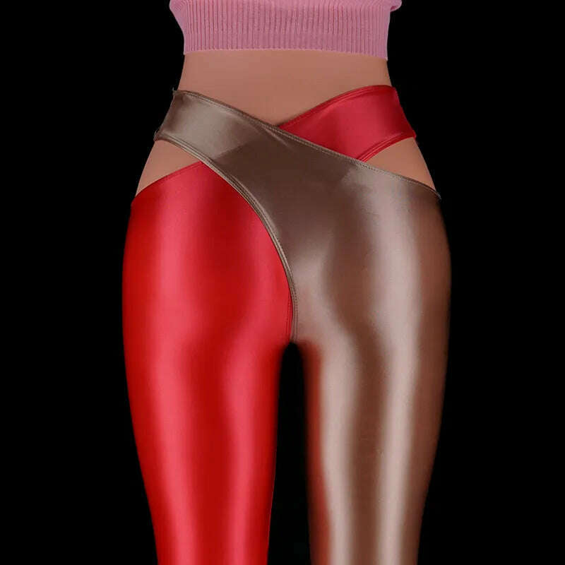 KIMLUD, 2022 Satin Glossy Sexy Leggings Trousers Glitter Stockings Japanese Full-Length Pants High Waist Tights Women Shiny Jeggings, Red Brown / M, KIMLUD Womens Clothes